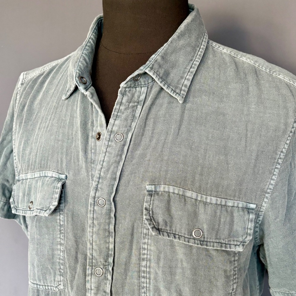 Buck Mason Snap Button Shirt | Size M | Short Sleeve - Faded Sage Green Cotton